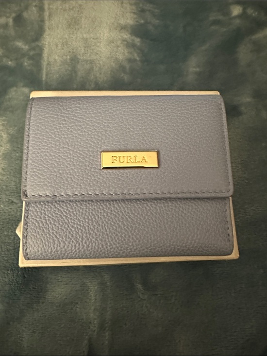 Furla Handbags - Furla Dusty Blue Pebbled Leather Compact Wallet with Gold Plaque
